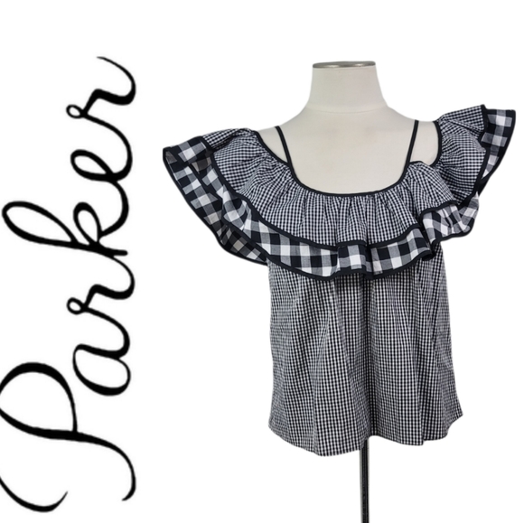 PARKER GINGHAM CHECK CREW NECK RUFFLE SLEEVE OFF SHOULDER ADJUSTABLE STR… - Picture 1 of 16